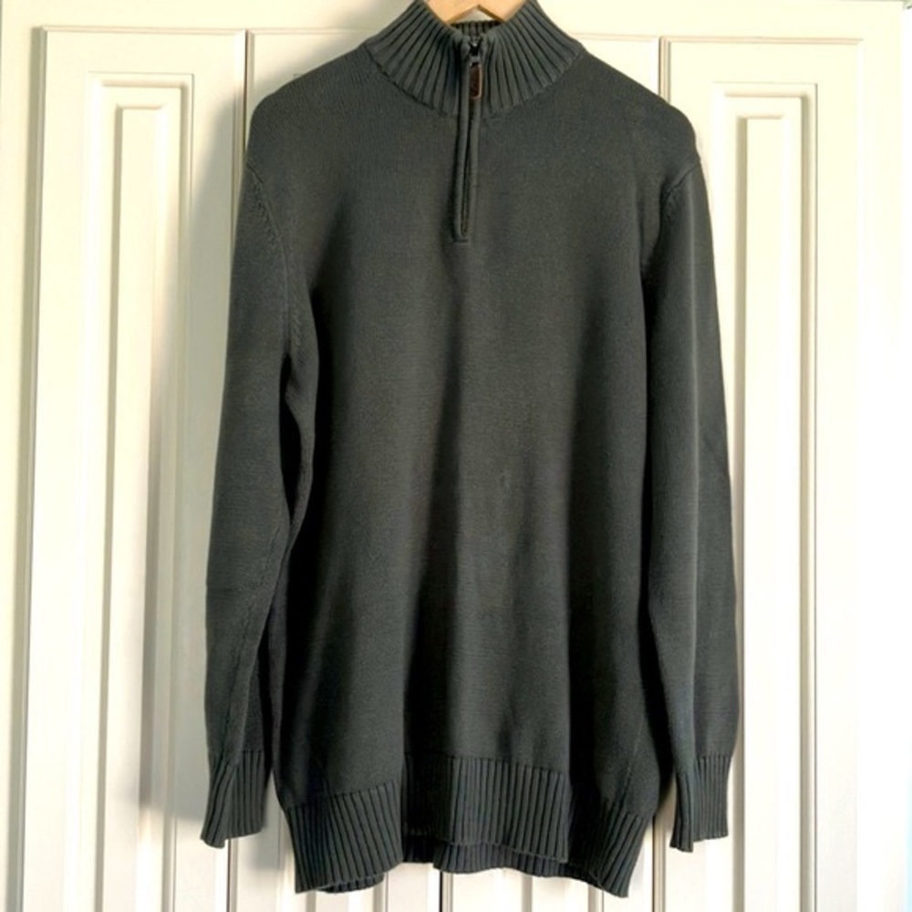 Eddie‎ Bauer Green Mock Turtleneck Half Zip Sweater Ribbed Trim Size L